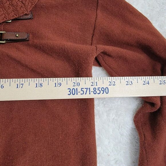 Ellen Tracy 100% Extrafine Merino Wool Leather Buckle Brown Cowlneck Cardigan  M - Picture 11 of 12